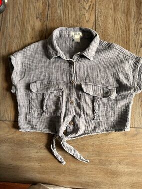 Rachel Paige Cotton Gauze Tie-Front Cropped Shirt -Gray/Slate Blue Sild✅